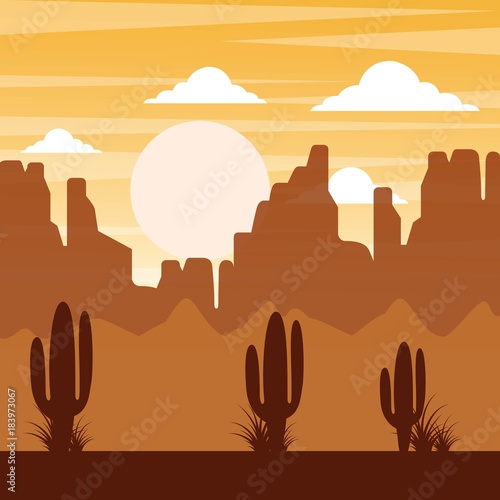 cartoon desert landscape with cactus hills and mountains silhouettes nature vector illustration