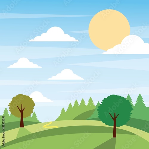 sunny nature landscape with trees and meadow cloud grass vector illustration