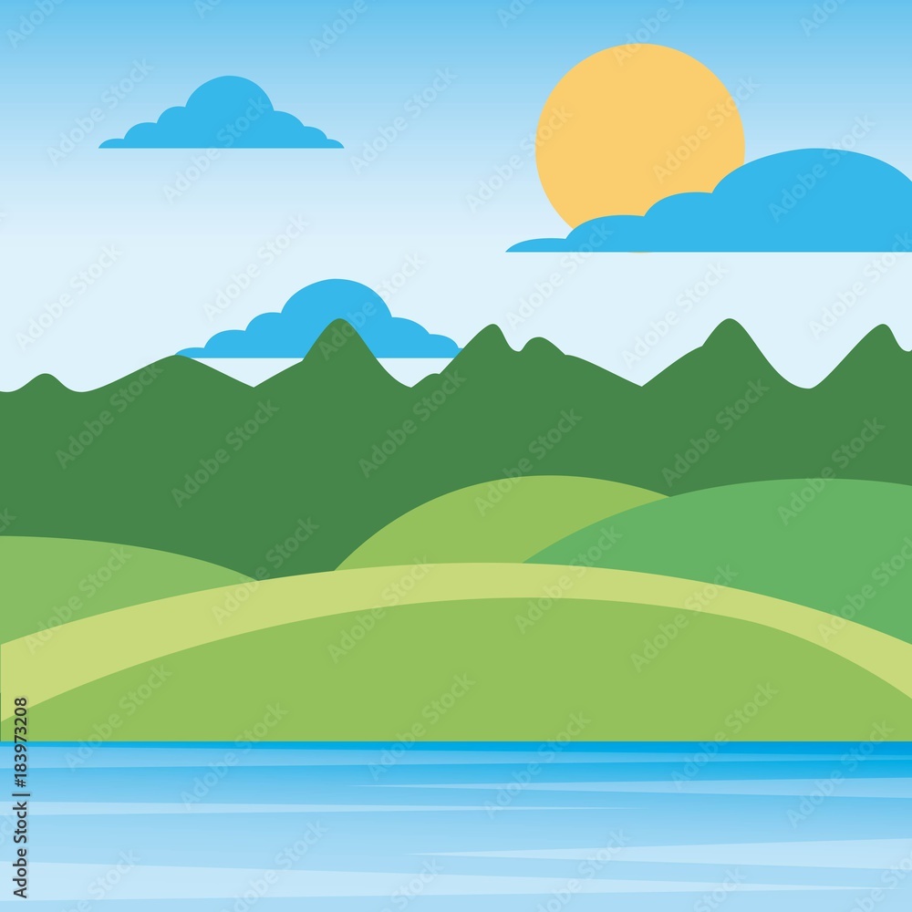 Fototapeta premium nature landscape mountains with sky sun clouds hills and grass rural scenery vector illustration