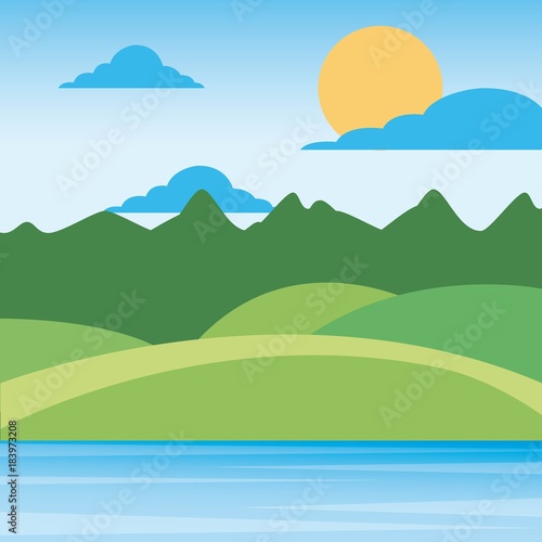 nature landscape mountains with sky sun clouds hills and grass rural scenery vector illustration