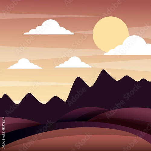 landscape sunset in the mountains hills sky panorama vector illustration