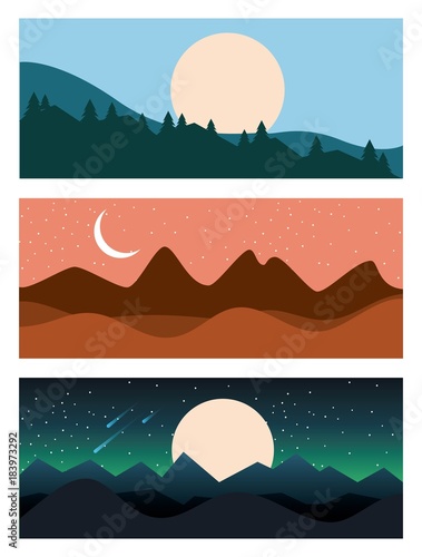 set of landscape sky mountains banners horizontal vector illustration