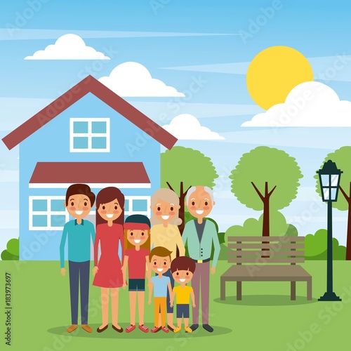 family standing in front house with bench lamp sun day vector illustration
