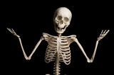 Portrait of surprised skeleton standing over black background.