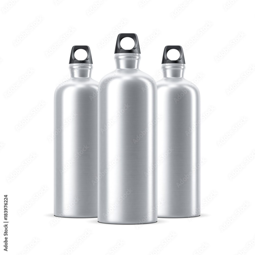 Three Aluminum water sport bike Bottles Mockup isolated on white background, 3d rendering Three Aluminum water sport bike Bottles Mockup isolated on white background, 3d rendering
