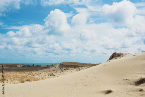 Sand dunes covered with dry grass and blue Baltic sea water at the background national park of Curonian Spit  Lithuania on summer cloudy day.