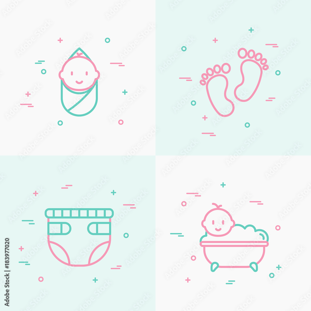 Obraz premium Baby care thin line icons set: newborn, diaper, footprints, bathtub with bubbles. Modern vector illustration.