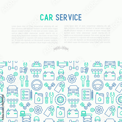 Car service concept with thin line icons of mechanic, computer diagnostics, tools, wheel, battery, transmission, jack. Modern vector illustration for banner, web page, print media.