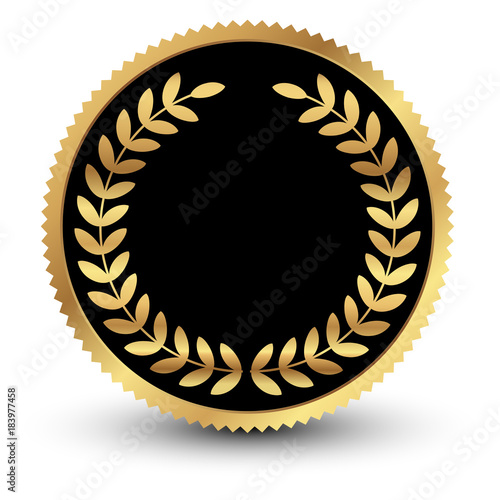 Vector illustration of black medal with gold laurels