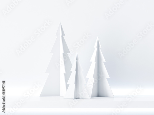 Three christmas tree on white shelf, background for greeting card, 3d rendering