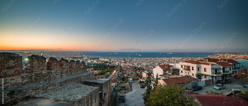 Panoramic View of Thessaloniki city with monring sunrise ligjt, from Trigoniou Tower,