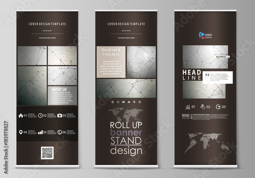 Roll up banner stands, flat design templates, geometric style, corporate vertical vector flyers, flag layouts. Chemistry pattern, molecule structure on gray background. Science and technology concept.