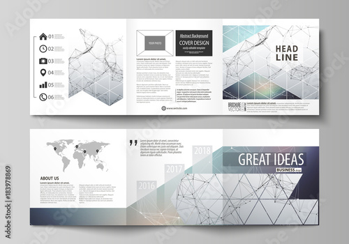 Set of business templates for tri fold square design brochures. Leaflet cover, vector layout. Compounds lines and dots. Big data visualization in minimal style. Graphic communication background.