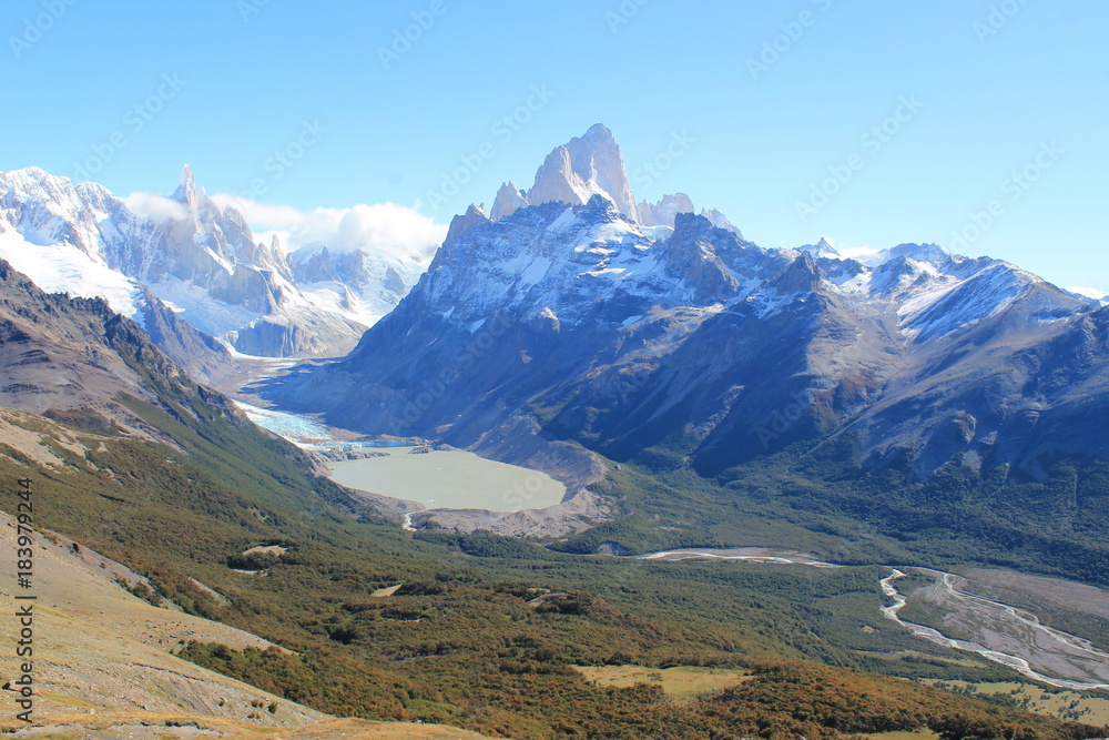View of the Valley in El Chalten, where you can see Fitz Roy and Cerro Torre, Patagonia (Argentina)