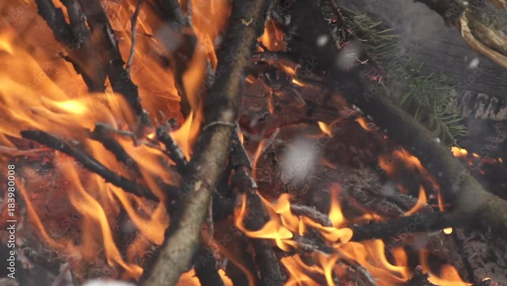 Campfire burns as snow falls, slow motion close up Campfire burns as snow falls, slow motion close up