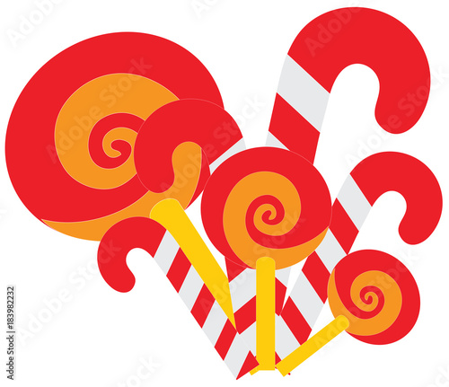 Candy Canes and lollypops or lollipops isolated on white background. Red white and orange candy cane and lollipop or lollypop candies. Traditional Christmas candy icons and symbols in eps10 vector