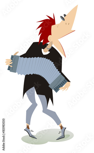 Cartoon smiling accordion player illustration isolated. Smiling cartoon accordion player is playing music with inspiration 

