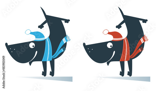 Happy smiling cartoon dog stays head over heels isolated. Happy smiling cartoon dog wearing a hat and muffler stays head over heels and joys of life
