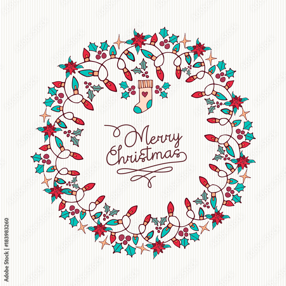 Merry Christmas hand drawn nature wreath card Merry Christmas hand drawn nature wreath card