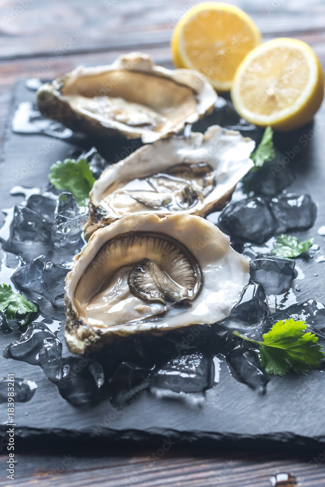 Raw oysters on the black stone board Raw oysters on the black stone board