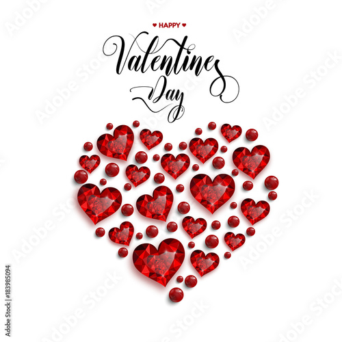 Happy Valentine's Day inscription. Red heart from rubies and beads. Valentine's card. Vector illustration.