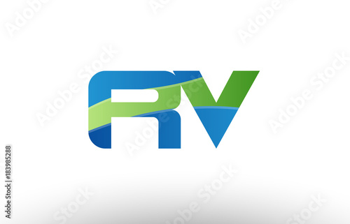 blue green rv r v alphabet letter logo combination icon design