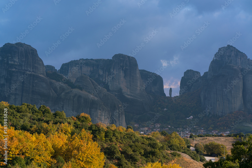 view of the rocks of Meteora complex in Greece and Kastraki village