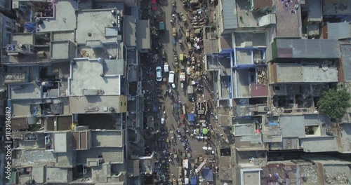 Overhead aerial, city streets of Delhi