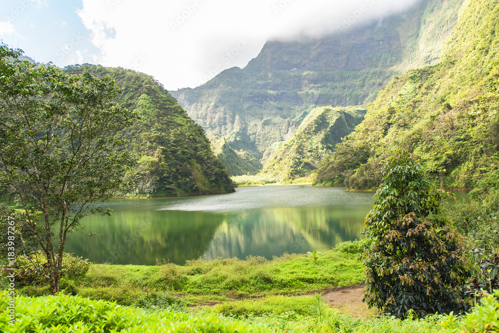Tahiti in French Polynesia, Vaihiria lake in the Papenoo valley in the mountains, luxuriant bushy vegetation 
 - obrazy, fototapety, plakaty 