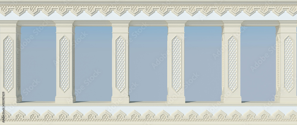 Fototapeta premium A beautiful colonnade with columns and carved in Arabic style. Front view. 3D render