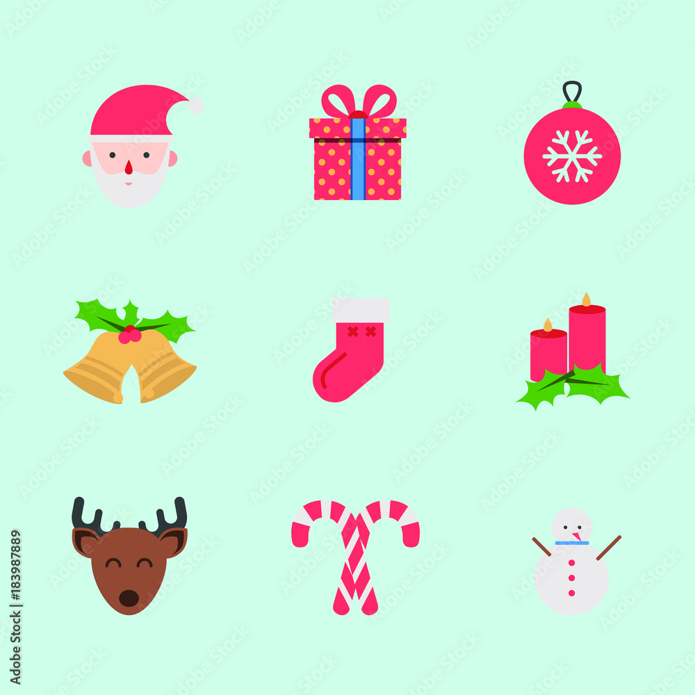 Iconos planos de decoración de vacaciones de año nuevo y navidad, elementos de navidad. Iconos planos de decoración de vacaciones de año nuevo y navidad, elementos de navidad.