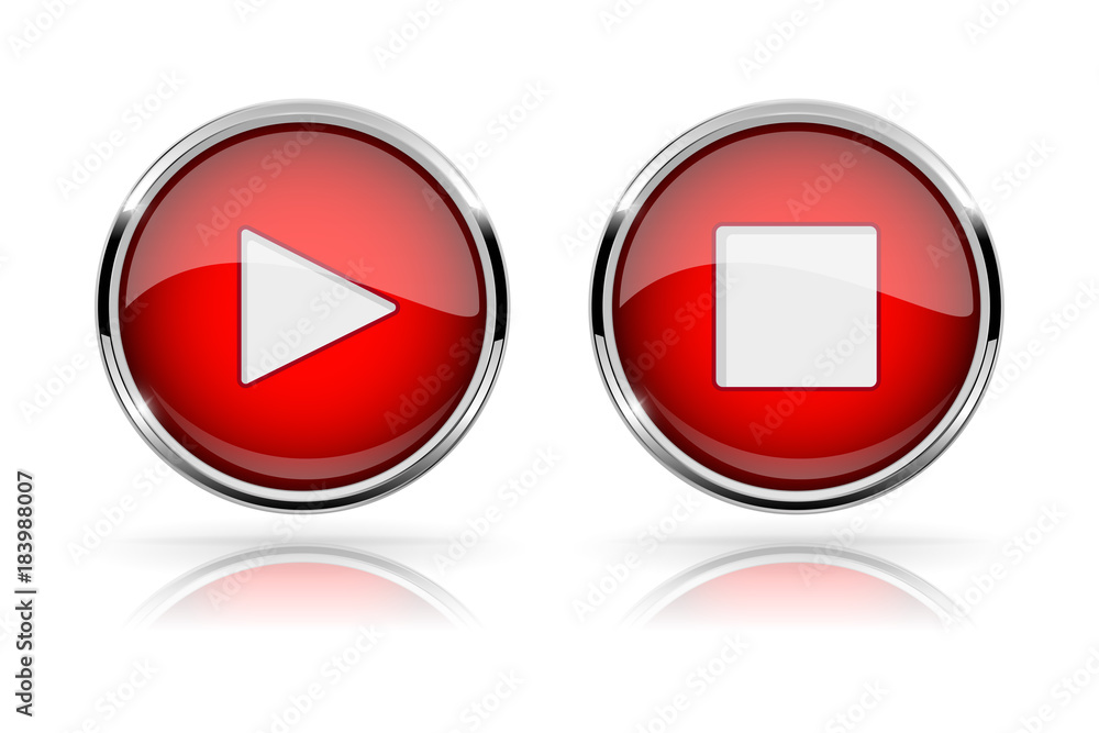 Red round media buttons. PLAY and STOP buttons. Shiny icon with chrome frame and with reflection Red round media buttons. PLAY and STOP buttons. Shiny icon with chrome frame and with reflection
