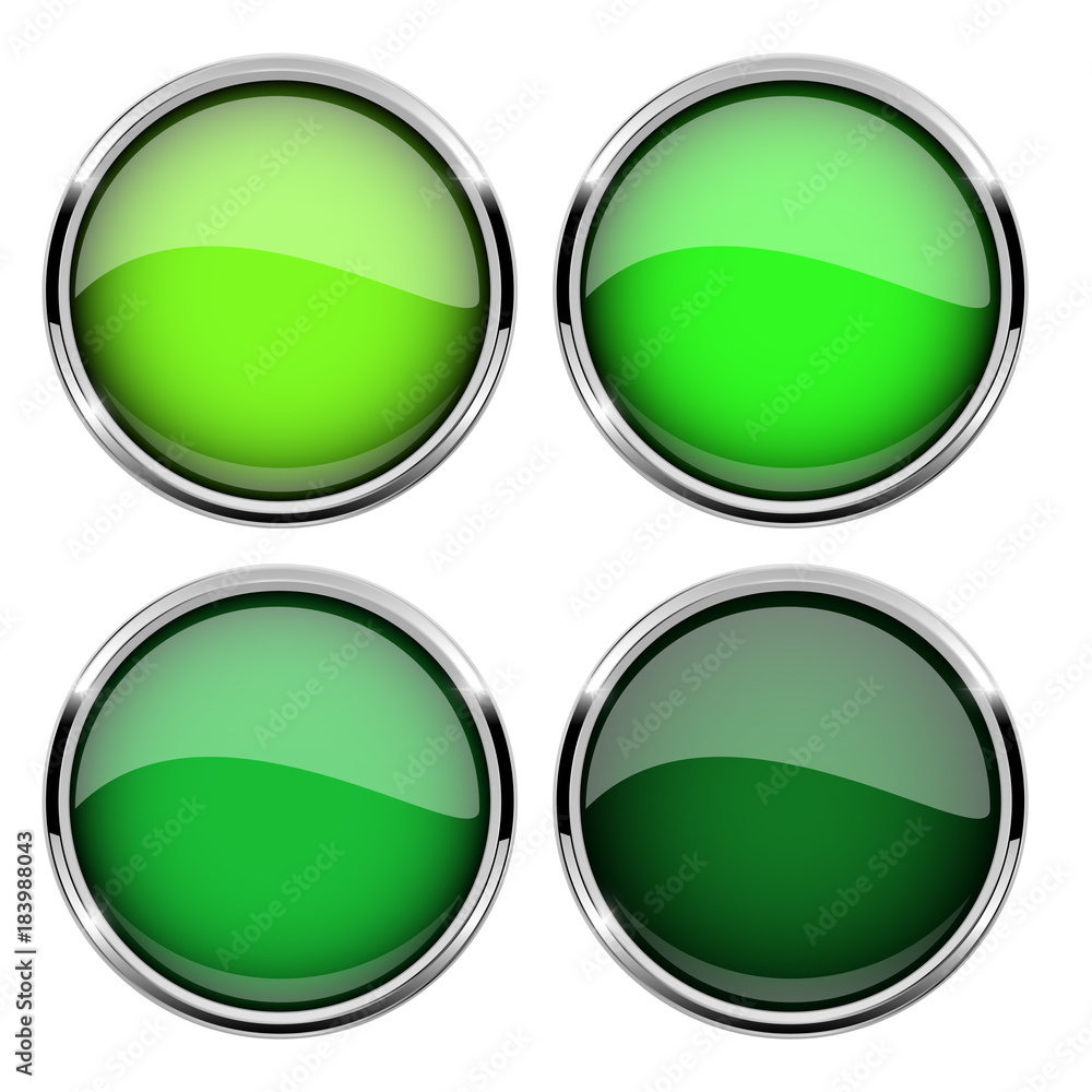 Green glass buttons with metal frame. Set of shiny 3d icons Green glass buttons with metal frame. Set of shiny 3d icons