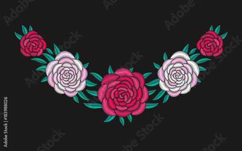 Embroidered neckline design. Peony needlework floral composition. Pion flower motives. EPS 10 vector embroidery pi meson fashion template. photo