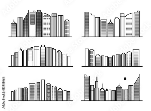 Cityscape outline background set. Modern futuristic megalopolis architectural concept skyline. Linear design city landscape. Editable stroke. Paths are not expanded. EPS 10 vector illustration