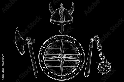 Viking warrior set - shield, axe, flail and helmet. Hand drawn sketch