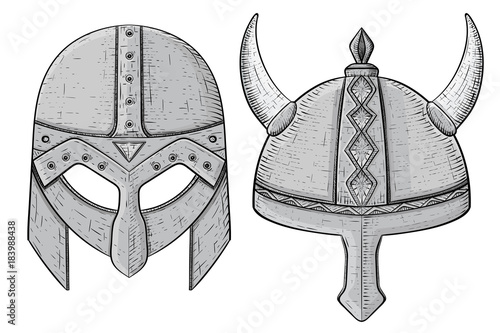 Viking helmets. Hand drawn sketch white background