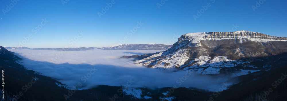 Valley of the Sakana ( Barranca ) covered with a sea of clouds and Mount Beriain (San Donato), Navarra