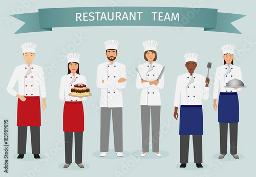 Restaurant team concept. Group of characters standing together. Chef, cook and confectioner in uniform.