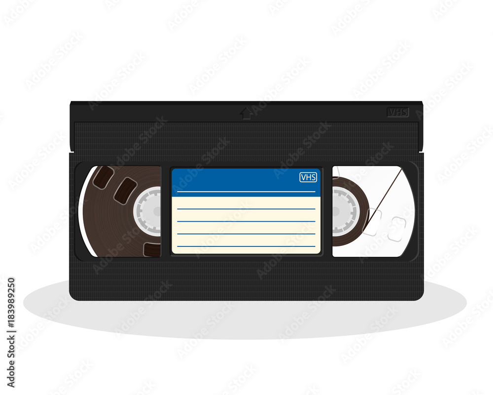 Retro video cassette with blue and white sticker isolated on a white background.