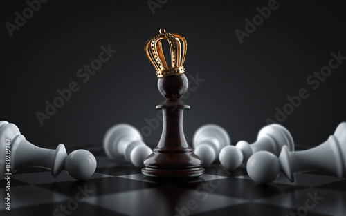 Black King chess piece surrounded by fallen white pawn chess pieces. Pawn to become king. 3d render