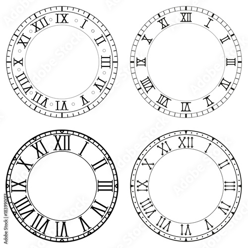 Clock face. Blank white clock with roman numerals on black background. Collection