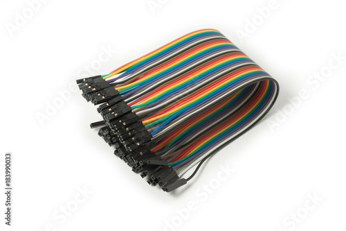 Multicolor cable isolated on white background, Networking concept. Jumper, IDC wire. Top view