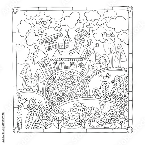 Cute little houses on a blooming hill. Hand drawn picture. Sketch for anti-stress coloring book in zentangle style.