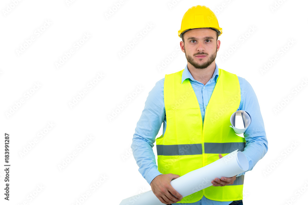 Young Engineer portrait holding blueprints isolated on white Young Engineer portrait holding blueprints isolated on white