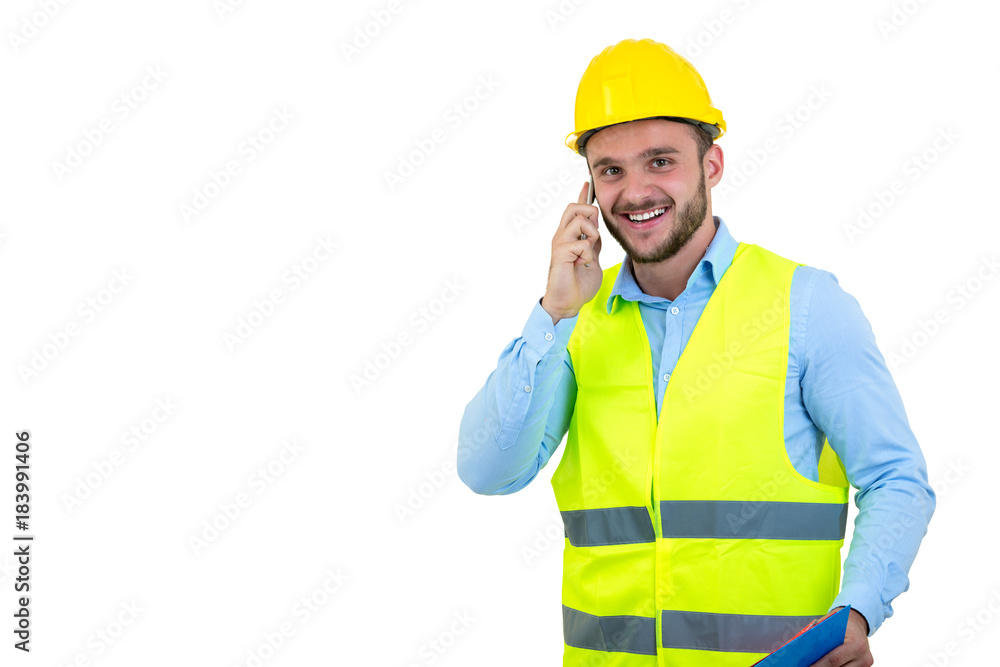 Angry upset young construction engineer yeling at the phone Angry upset young construction engineer yeling at the phone