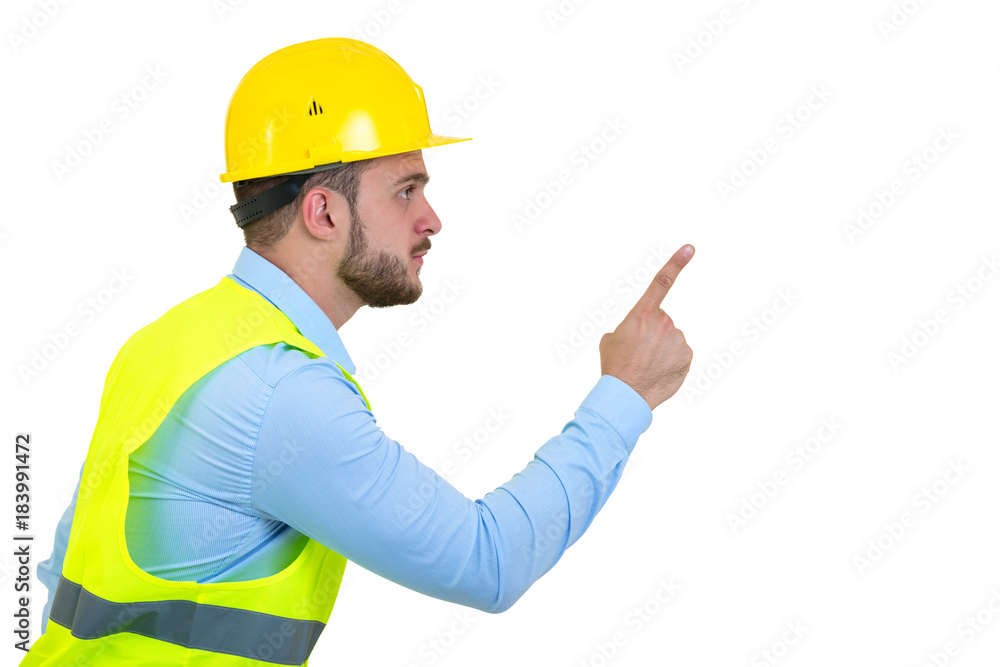 Angry builder or constructor yelling at somebody as fury concept isolated on white background with copyspace Angry builder or constructor yelling at somebody as fury concept isolated on white background with copyspace