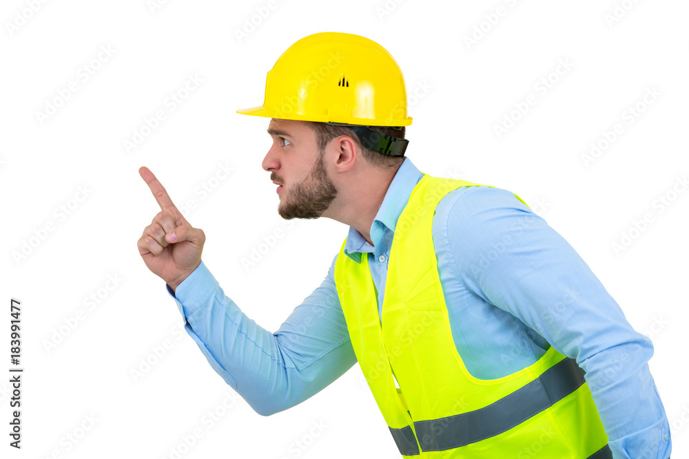 Angry builder or constructor yelling at somebody as fury concept isolated on white background with copyspace