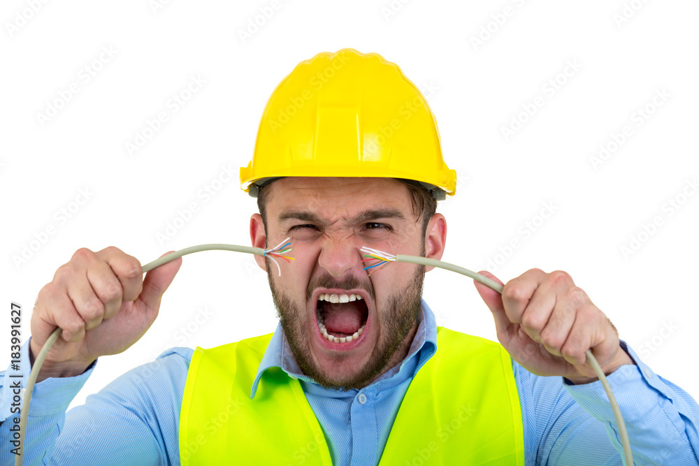 Portrait of crazy electrician over white background Portrait of crazy electrician over white background