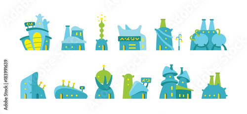 City future fantastic Set of alien buildings for game design. Vector stock illustration.